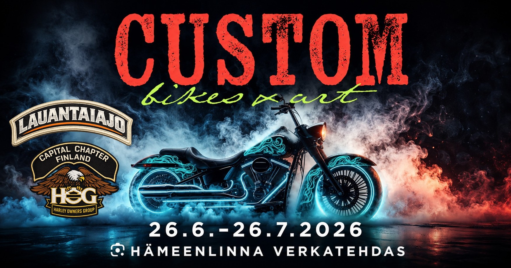 Custom Bikes & Art -näyttelyn mainoskuva, jossa savun keskellä on näyttävä custom-moottoripyörä ja tapahtumatiedot Hämeenlinnan Verkatehtaalle.